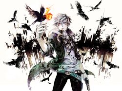  1boy belt bird fire gas_mask grey_eyes grey_hair gun highres horns hys122211 male original solo weapon 