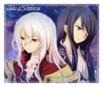  2boys albino androgynous black_eyes black_hair duke_pantarei long_hair multiple_boys noraring red_eyes tales_of_(series) tales_of_vesperia title_drop white_hair wink yuri_lowell 