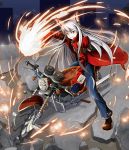  absurdres bow fingerless_gloves fire fujiwara_no_mokou gloves hair_bow highres jeans long_hair motor_vehicle motorcycle overcoat pants red_eyes shinebell silver_hair smile smirk solo touhou vehicle very_long_hair 