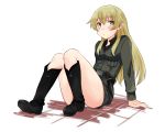  1girl :t abenattou arm_support belt blonde_hair blush boots carpaccio girls_und_panzer knife long_hair looking_at_viewer military military_uniform simple_background sitting solo uniform white_background 