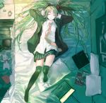  arms_up bed bedroom blazer book bunny closed_eyes computer eyes_closed green_hair hands_on_headphones hatsune_miku headphones highres laptop long_hair lying necktie on_back pillow skirt smile solo stuffed_animal stuffed_toy thigh-highs thighhighs twintails very_long_hair vocaloid zrero 