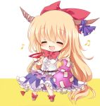  belt blonde_hair blush bottle bow chain chains chibi closed_eyes eyes_closed gourd hair_bow hair_ribbon horn_ribbon horns ibuki_suika long_hair musical_note open_mouth ribbon sake saucer shackle shirt skirt solo touhou yukiusagi_(paretto) 