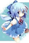  &gt;:) blue_dress blue_eyes blue_hair blush bow cirno dress hair_bow hair_ribbon hands hetaling looking_at_viewer open_\m/ outstretched_arms outstretched_hand ribbon shin_(hetaling) shirt short_hair smile snowflakes solo touhou wings 
