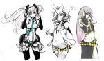  belt breasts bridal_gauntlets collaboration detached_sleeves gloves gradient_hair hatsune_miku hatsune_miku_(append) headphones highres kagamine_rin listening_to_music long_hair megurine_luka midriff miku_append monochrome multicolored_hair multiple_girls musical_note na_young_lee navel necktie pan!ies partially_colored pink_hair riftgarret short_hair short_shorts shorts side_slit skirt spot_color thigh-highs thighhighs twintails vocaloid vocaloid_append zettai_ryouiki 