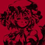  blood blood_on_face blood_stain bloodstain bloodstains brooch crazy_eyes hat hukuhi jewelry looking_at_viewer monochrome puffy_sleeves red remilia_scarlet short_hair solo touhou 