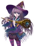  dragon_maker frown hat highres long_hair matsui_hiroaki pantyhose purple_hair simple_background single_eye solo staff striped striped_legwear witch_hat 