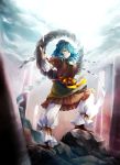  arm_up awa_toka blue_eyes blue_hair clenched_hand fist hair_ornament highres mirror pants pillar sash shimenawa shirt skirt solo touhou yasaka_kanako 