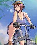  baseball_cap bicycle bike_shorts blush breasts brown_eyes brown_hair cleavage glasses gloves hat large_breasts midriff navel rozen_maiden rozenweapon shoes short_hair solo souseiseki spectacles sports_bra sweat 