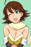  :d ahoge awakened_miki beyond_the_wishes breast_squeeze breasts brown_hair bustier cleavage earrings elbow_gloves fur_trim gloves green_eyes hoop_earrings hoshii_miki idolmaster jewelry large_breasts open_mouth scarf shimoigusa simple_background smile takemura_sesshuu wink 