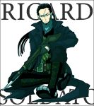  belt black_hair boots character_name frown gun long_hair male pants ponytail ricardo_soldato rifle sitting solo sudachips tales_of_(series) tales_of_innocence trench_coat weapon white_background 