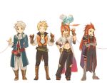  ^_^ ahoge asch belt blonde_hair boots choker closed_eyes coat creature crossed_arms eyes_closed fire ginji_(toa) guy_cecil long_hair luke_fon_fabre male midriff mieu multiple_boys on_head pants payot red_hair red_string redhead shoes smile string surcoat tales_of_(series) tales_of_the_abyss tokino_(colorseason) white_background white_hair 