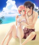  1girl bad_id beach black_eyes black_hair celestial_s cloud couple estellise_sidos_heurassein green_eyes jewelry long_hair necklace one-piece_swimsuit pink_hair ponytail popsicle sand shirtless short_hair shorts sitting sky smile swimsuit tales_of_(series) tales_of_vesperia wink yuri_lowell 
