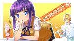  blonde_hair blue_eyes blush chin_rest food hair_over_one_eye kuri_youkan long_hair mouth_hold open_mouth parfait purple_hair satou_jun short_hair smile spoon thigh-highs thighhighs tsurime waitress working!! yamada_aoi 