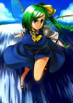  asakawa_remon ascot bare_legs breasts daiyousei dress frown green_eyes green_hair hair_ribbon large_breasts long_hair mary_janes no_socks outstretched_arms ribbon shoes short_sleeves side_ponytail solo spread_arms touhou water wings 