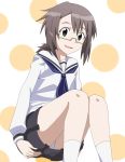  brown_hair glasses grey_eyes hair_ornament hairclip oshiroi_hana panties pantyshot ribonzu school_uniform serafuku solo underwear 