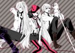  hiyama_kiyoteru kamui_gakupo long_hair megurine_luka microphone microphone_stand monochrome necktie pantyhose ponytail red_eyes ruko shorts spot_color vertical-striped_legwear vertical_stripes very_long_hair vintage_microphone vocaloid 