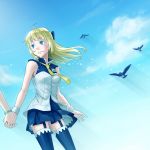  1boy 1girl bird blonde_hair blue_eyes bow clouds eureka_seven_(series) eureka_seven_ao fleur_blanc fukai_ao hair_bow long_hair mike sky thighhighs uniform 