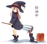  black_cat black_cat_(animal) black_eyes boots broom cat dress fueling gas_can hat long_hair original pink_hair translated watch witch witch_hat 