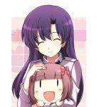  amami_haruka blue_hair blush bow brown_hair chibi closed_eyes eyes_closed hair_bow hand_on_head hug idolmaster kisaragi_chihaya long_hair multiple_girls onion_(artist) open_mouth smile 