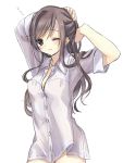  artist_request brown_hair copyright_request dress_shirt dresss_shirt long_hair looking_at_viewer miyoshino naked_shirt no_bra no_panties purple_eyes shirt sleeves_rolled_up solo source_request wink 