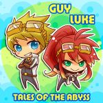  :&gt; belt blue_eyes blush character_name chibi gloves goggles goggles_on_head green_eyes grin guy_cecil lm2-3 long_hair luke_fon_fabre male multiple_boys pants payot ponytail red_hair redhead shirt smile tales_of_(series) tales_of_the_abyss title_drop 