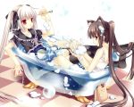  2girls animal_ears barefoot bath bathing black_hair black_legwear bubble cat_ears claw_foot_bathtub dolfini dual_persona feet hair_ribbon highres kemonomimi kooh long_hair mizugi multiple_girls no_shoes one-piece_swimsuit pangya papel pinky_out red_eyes ribbon school_swimsuit shared_bathtub soap sukumizu swimsuit swimsuit_under_clothes tatekawa_mako thigh-highs thighhighs toes transparent_bathtub twintails water wet white_hair white_school_swimsuit 