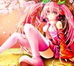  1girl boots cherry cherry_blossoms detached_sleeves food fruit hatsune_miku headset long_hair necktie object_namesake pink_eyes pink_hair ray83222 sakura_miku sitting skirt solo thigh_boots thighhighs twintails very_long_hair vocaloid 