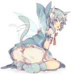  animal_ears ass bloomers blue_eyes blue_hair blue_legwear bow cat_ears cat_tail cirno footwear hair_bow kemonomimi_mode looking_at_viewer looking_back masirosu open_mouth short_hair simple_background sitting socks solo tail tail_wagging touhou upskirt wariza wings 