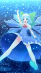  blue_eyes blue_hair bow cirno dress hair_bow hair_ribbon highres ice ice_wings inu3 ribbon solo touhou wings 