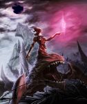  black_sun cloudy_sky highres horns magic:_the_gathering magic_the_gathering monster_girl mountain open_mouth pauldron pauldrons saliva sheoldred sheoldred_whispering_one solo sun tongue un 