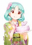  1girl :p cake dated food green_hair hair_ribbon happy_birthday idolmaster idolmaster_million_live! index_finger_raised japanese_clothes kimono nagian ribbon short_hair signature solo tokugawa_matsuri tongue tongue_out 