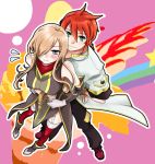  blue_eyes boots brown_hair coat couple dress embarrassed gloves green_eyes hair_over_one_eye hand_on_hip hips long_hair luke_fon_fabre pants red_hair red_legwear redhead shoes smile tales_of_(series) tales_of_the_abyss tear_grants thigh-highs thigh_strap thighhighs 