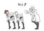  1boy 1girl brown_hair conny_springer jacket keith_shadis musical_note ponytail pose sasha_browse shingeki_no_kyojin short_hair sora_mmm thigh_strap translation_request 