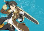  alvin_(tales_of_xillia) blue_background brown_eyes brown_hair character_name cravat gloves gun male scarf smile sumeragi_(sume) sumeshi_(ambivalince) sword tales_of_(series) tales_of_xillia title_drop weapon 