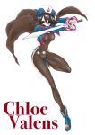  aerialsoul black_eyes black_hair bodysuit bolero cape character_name chloe_valens cropped_jacket gem shoes short_hair solo standing_on_one_leg sword tales_of_(series) tales_of_legendia weapon white_background 