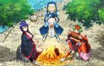  3girls :d armor bare_shoulders blue_hair breasts bucket chousokabe_motochika_(sengoku_otome) closed_eyes eating fang fire fishing_rod food green_hair habit hat highres large_breasts meat midriff mouri_motonari_(sengoku_otome) multiple_girls navel ootomo_sourin_(sengoku_otome) open_mouth plate purple_eyes red_eyes sandals sengoku_otome short_hair sitting sitting_on_rock smile water 