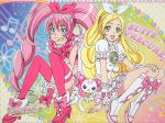  :3 :d blonde_hair blue_eyes cat cure_melody cure_rhythm green_eyes hair_ribbon hibiki houjou houjou_hibiki hummy_(suite_precure) logo long_hair magical_girl minamino_kanade multiple_girls musical_note official_art open_mouth pink_hair pink_legwear precure rainbow_background ribbon sitting smile staff_(music) suite_precure thighhighs title_drop treble_clef twintails very_long_hair 