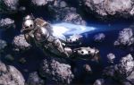  asteroid debris gundam highres mecha no_humans oldschool photorealistic prototype realistic science_fiction space zaku zaku_i zeon 