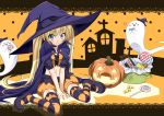  between_thighs blonde_hair blue_eyes blush candy cape cloak ghost halloween hat jack-o&#039;-lantern jack-o'-lantern lollipop long_hair midriff mtu open_mouth original pumpkin sitting smile striped striped_legwear thigh-highs thighhighs thighs twintails v_arms very_long_hair vest wariza witch_hat 