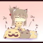  animal_ears blush brown_hair cat cat_ears cat_tail chibi closed_eyes dress eyes_closed facial_hair family fat glasses hair_bobbles hair_ornament hazuki_ruu hazuki_ruu&#039;s_cat hazuki_ruu's_cat kuzuneko letterboxed mole mustache original ponytail tail yellow_dress 