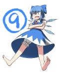  ? aoinu barefoot bloomers blue_dress blue_eyes blue_hair bow cirno crossed_arms dress fang hair_bow looking_at_viewer open_mouth ribbon short_hair simple_background solo touhou white_background wings ã¢â€˜â¨ â‘¨ 