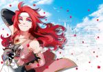  bad_id belt bird blue_eyes cloud detached_sleeves gem gotou_(pixiv37128) hand_on_hip headband hips long_hair male petals red_hair redhead rose_petals sky smile solo tales_of_(series) tales_of_symphonia zelos_wilder 
