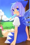  bad_id blue_eyes blue_hair cirno hair_ribbon ice ice_wings inoue_mikuni mouth_hold popsicle ribbon solo summer touhou wings 