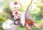  animal_ears barefoot detached_sleeves feet forest hat inubashiri_momiji matsuda_(matsukichi) matsukichiii messy_hair midriff nature red_eyes rough sarashi shield shirt short_hair silver_hair sitting skirt solo sword tail touhou weapon white_hair wolf_ears wolf_tail 