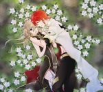  1girl aerialsoul belt blue_eyes brown_hair coat couple fingerless_gloves flower from_above gloves green_eyes long_hair luke_fon_fabre lying midriff on_side pants red_hair red_legwear redhead smile tales_of_(series) tales_of_the_abyss tear_grants thigh-highs thighhighs wink 