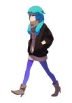  blue_eyes blue_hair boots hatsune_miku pantyhose purple_legwear scarf simple_background solo tomioka_jirou twintails vocaloid walking 