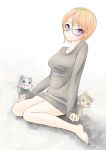  1girl barefoot blue_eyes bottomless cat feet female glasses looking_at_viewer naked_sweater nekobaka no_pants open_mouth orange_hair original red-framed_glasses short_hair simple_background sitting smile solo sweater toes wariza 