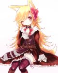 akane_(naomi) animal_ears black_legwear blonde_hair bow dress fox_ears fox_tail garters hair_bow hand_on_own_chest hand_to_chest long_hair long_sleeves naomi_(sekai_no_hate_no_kissaten) original red_eyes simple_background sitting sleeves_past_wrists smile solo tail thighhighs white_background wink 