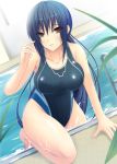  blue_hair breasts brown_eyes competition_swimsuit dutch_angle long_hair one-piece_swimsuit original pool stanaka swimsuit 