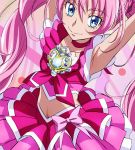  abstract_background armpits arms_up blue_eyes bow brooch choker cure_melody frilled_skirt frills gem haruyama heart houjou_hibiki jewelry light_smile long_hair looking_at_viewer magical_girl midriff navel pink pink_hair precure ribbon sleeveless solo suite_precure 